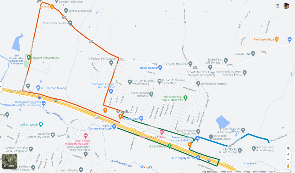 Map of alternate route options in Nolanville
